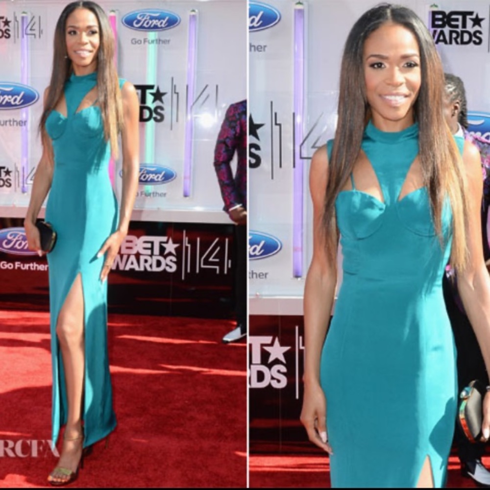 Olcay Gulsen teal evening dress